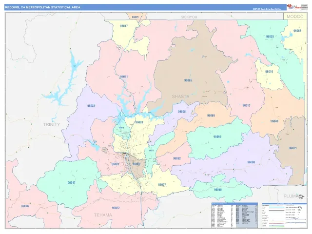 Redding Metro Area ZIP Code Wall Map, ColorCast style