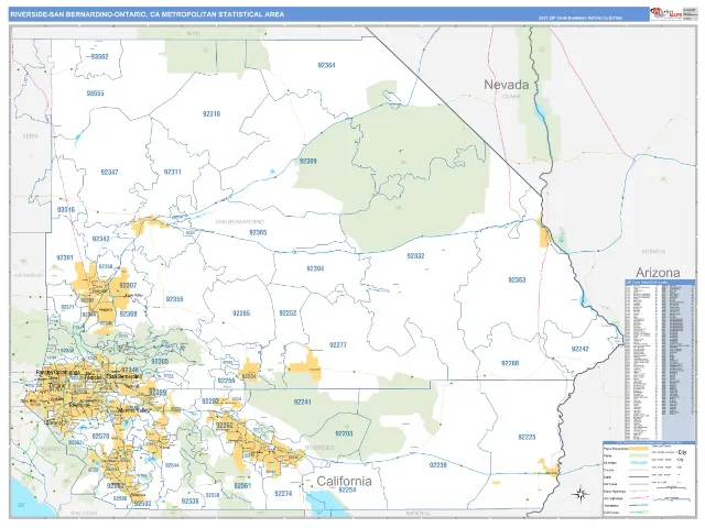 Riverside-San Bernardino-Ontario Metro Area ZIP Code Wall Map, Business Reference style