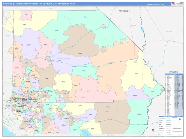 Riverside-San Bernardino-Ontario Metro Area ZIP Code Wall Map, ColorCast style