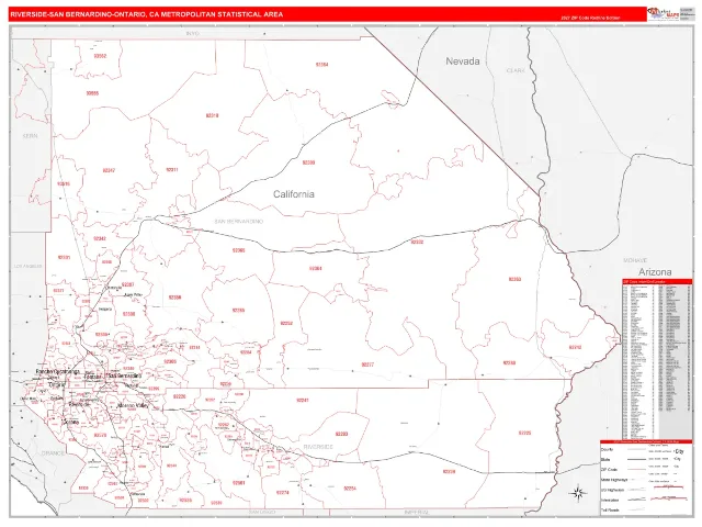Riverside-San Bernardino-Ontario Metro Area ZIP Code Wall Map, RedLine style