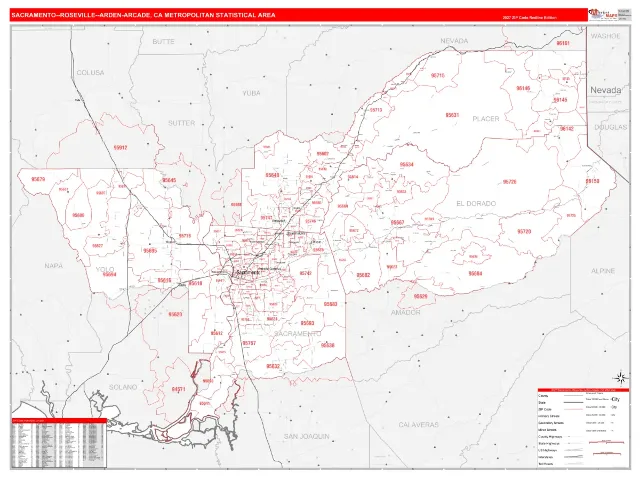 Sacramento–Roseville–Arden-Arcade Metro Area ZIP Code Wall Map, RedLine style