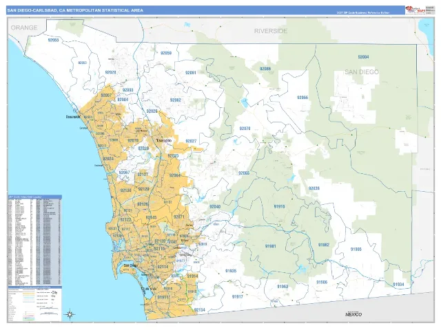 San Diego-Carlsbad Metro Area ZIP Code Wall Map, Business Reference style