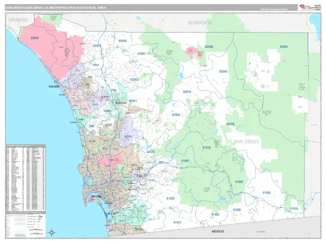 San Diego-Carlsbad Metro Area ZIP Code Wall Map, Classic style