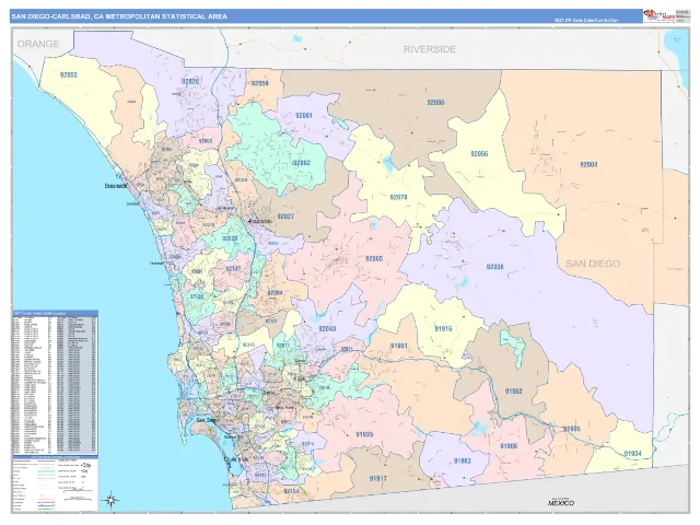 San Diego-Carlsbad Metro Area ZIP Code Wall Map, ColorCast style
