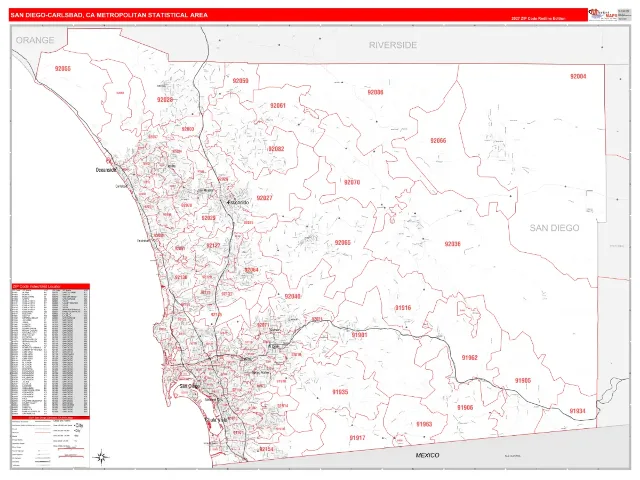 San Diego-Carlsbad Metro Area ZIP Code Wall Map, RedLine style