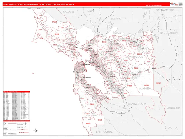 San Francisco–Oakland–Hayward Metro Area ZIP Code Wall Map, RedLine style