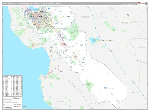 San Jose-Sunnyvale-Santa Clara Metro Area ZIP Code Wall Map, Classic style