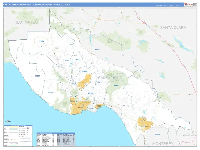 Santa Cruz-Watsonville Metro Area ZIP Code Wall Map, Business Reference style