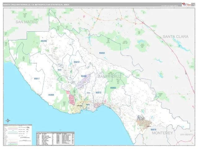 Santa Cruz-Watsonville Metro Area ZIP Code Wall Map, Classic style