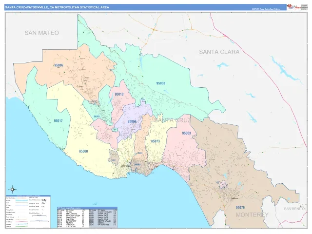 Santa Cruz-Watsonville Metro Area ZIP Code Wall Map, ColorCast style