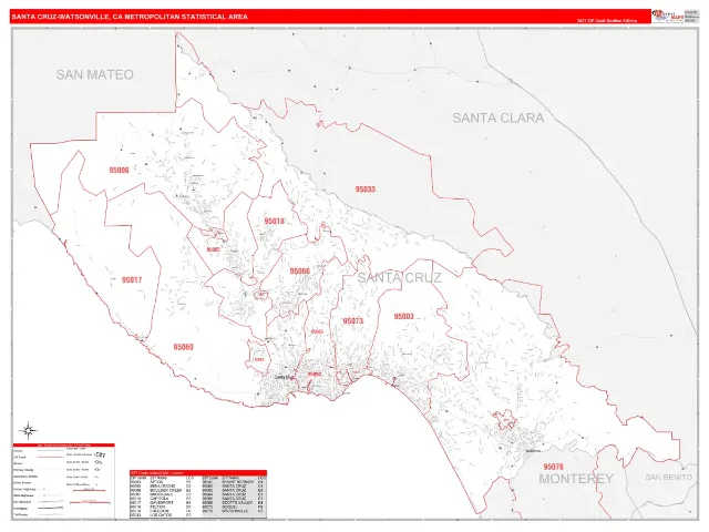 Santa Cruz-Watsonville Metro Area ZIP Code Wall Map, RedLine style