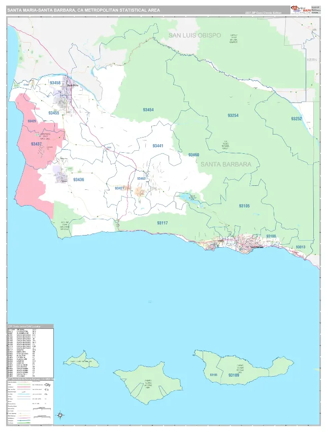 Santa Maria-Santa Barbara Metro Area ZIP Code Wall Map, Classic style