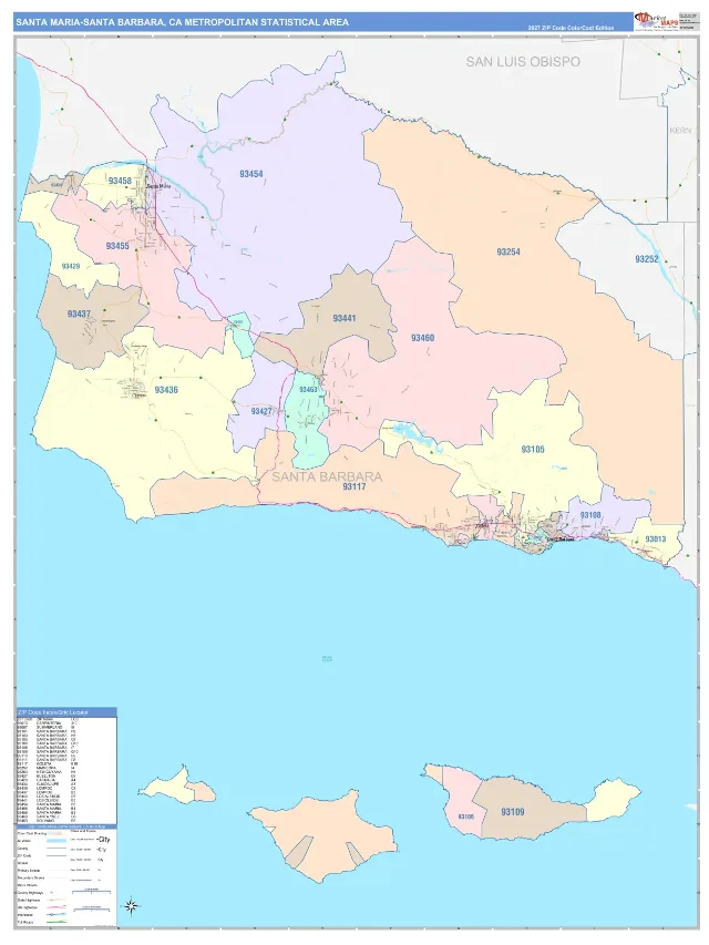 Santa Maria-Santa Barbara Metro Area ZIP Code Wall Map, ColorCast style