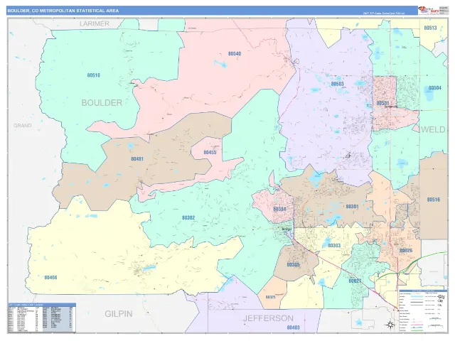 Boulder Metro Area ZIP Code Wall Map, ColorCast style