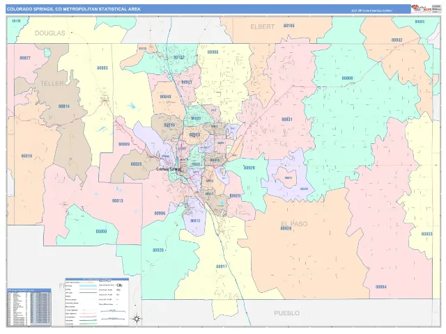 Colorado Springs Metro Area ZIP Code Wall Map, ColorCast style