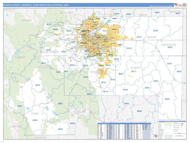 Denver-Aurora-Lakewood Metro Area ZIP Code Wall Map, Business Reference style