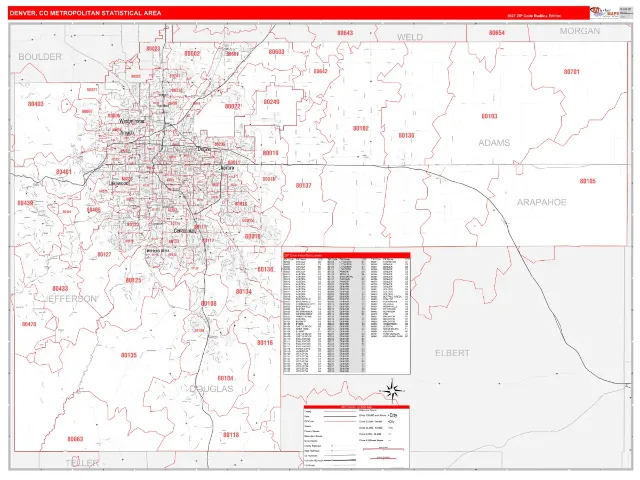 Denver Metro Area ZIP Code Wall Map, RedLine style