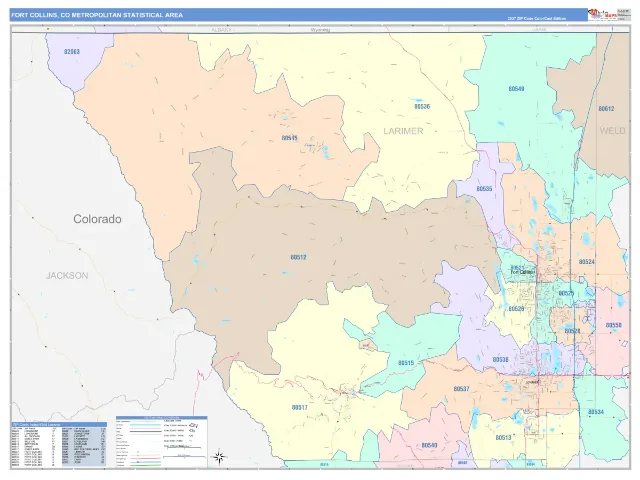 Fort Collins Metro Area ZIP Code Wall Map, ColorCast style