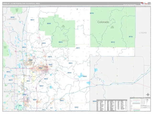 Greeley Metro Area ZIP Code Wall Map, Classic style