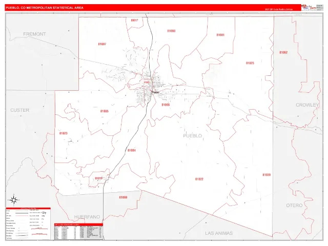 Pueblo Metro Area ZIP Code Wall Map, RedLine style