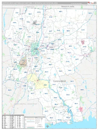 Hartford-West Hartford-East Hartford Metro Area Classic style ZIP Code wall map