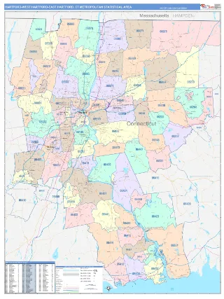 Hartford-West Hartford-East Hartford Metro Area ColorCast style ZIP Code wall map