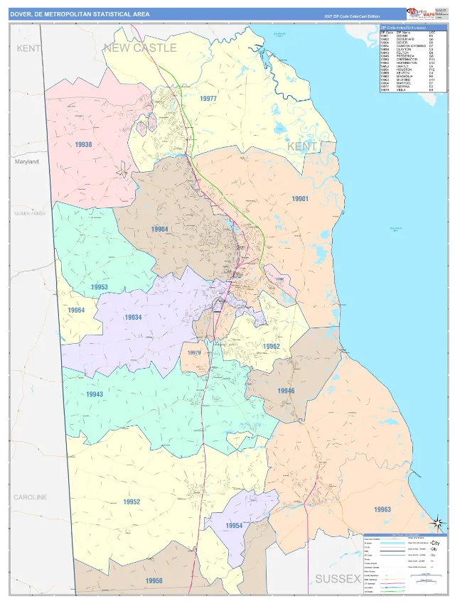 Dover Metro Area ZIP Code Wall Map, ColorCast style