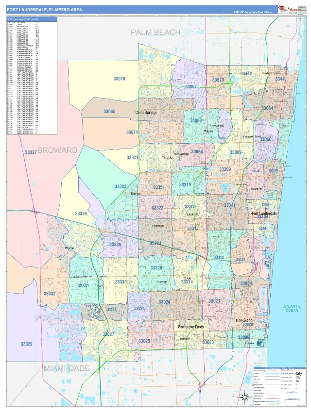 Fort Lauderdale Metro Area ZIP Code Wall Map, ColorCast style