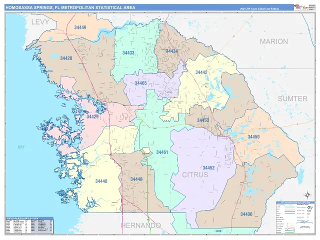 Homosassa Springs Metro Area ZIP Code Wall Map, ColorCast style