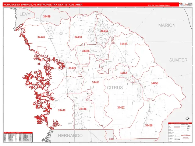 Homosassa Springs Metro Area ZIP Code Wall Map, RedLine style