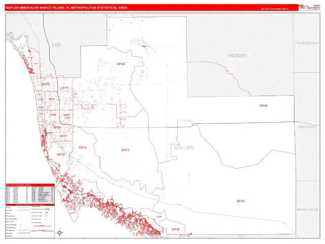 Naples-Immokalee-Marco Island Metro Area ZIP Code Wall Map, RedLine style