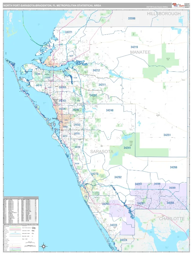 North Port-Sarasota-Bradenton Metro Area ZIP Code Wall Map, Classic style