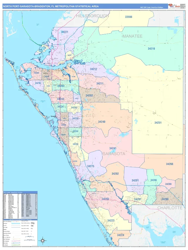 North Port-Sarasota-Bradenton Metro Area ZIP Code Wall Map, ColorCast style