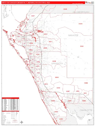 North Port-Sarasota-Bradenton Metro Area RedLine style ZIP Code wall map