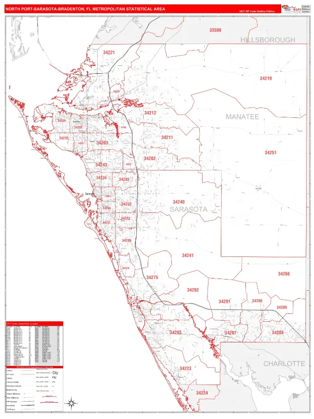North Port-Sarasota-Bradenton Metro Area ZIP Code Wall Map, RedLine style