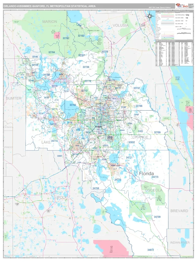 Orlando-Kissimmee-Sanford Metro Area ZIP Code Wall Map, Classic style