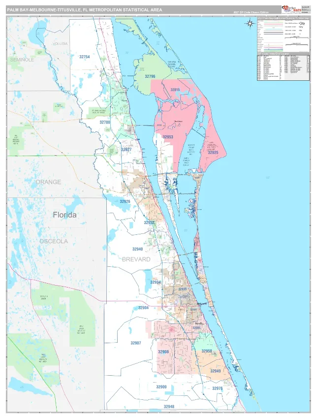 Palm Bay-Melbourne-Titusville Metro Area ZIP Code Wall Map, Classic style