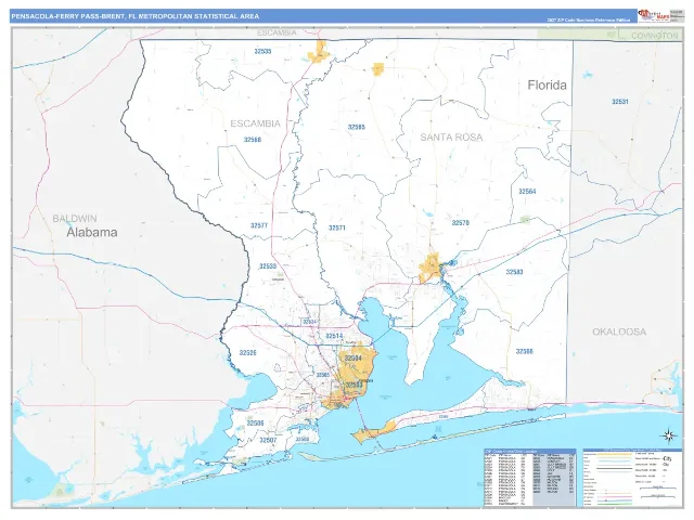 Pensacola-Ferry Pass-Brent Metro Area ZIP Code Wall Map, Business Reference style