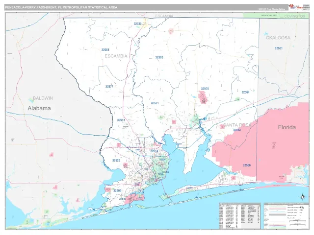 Pensacola-Ferry Pass-Brent Metro Area ZIP Code Wall Map, Classic style