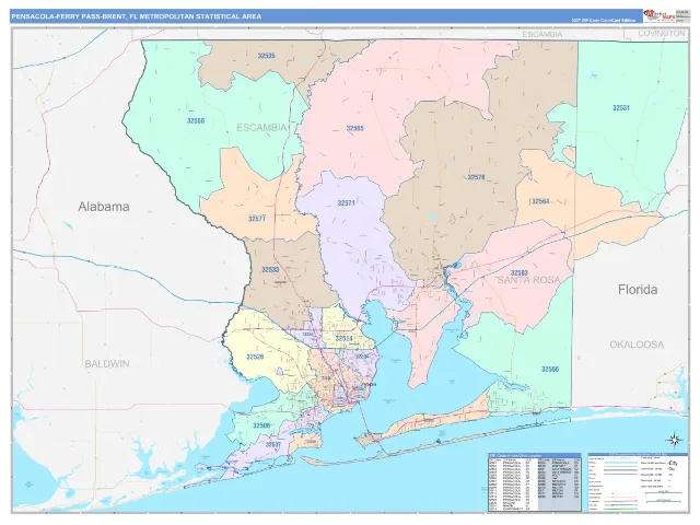 Pensacola-Ferry Pass-Brent Metro Area ZIP Code Wall Map, ColorCast style