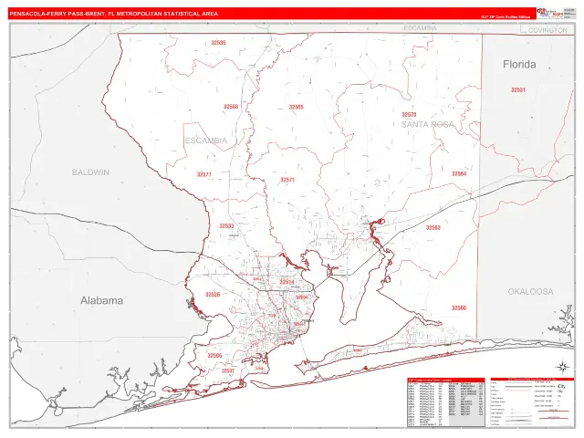 Pensacola-Ferry Pass-Brent Metro Area ZIP Code Wall Map, RedLine style