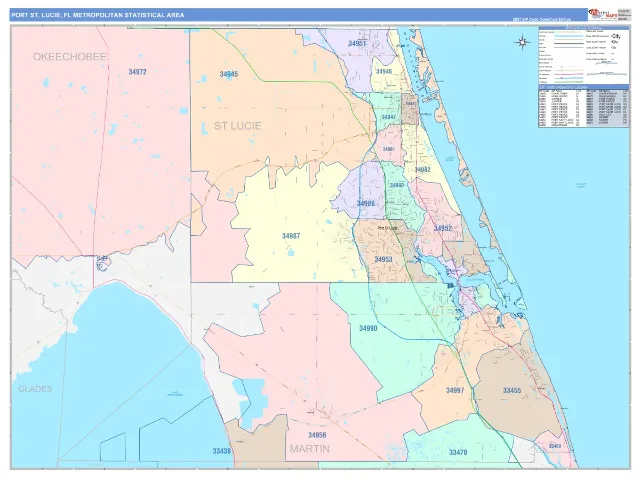 Port St. Lucie Metro Area ZIP Code Wall Map, ColorCast style
