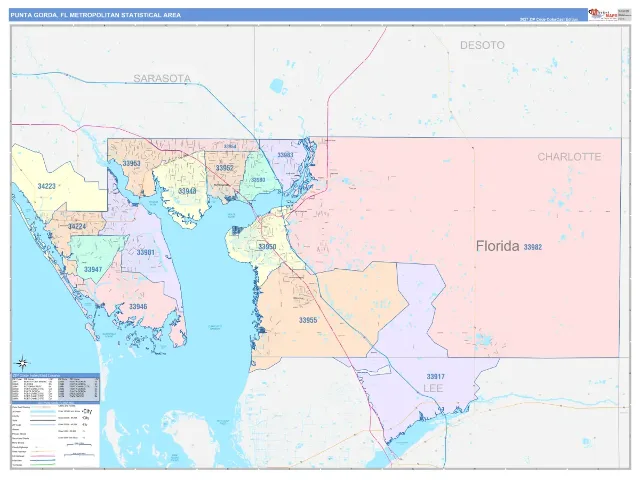 Punta Gorda Metro Area ZIP Code Wall Map, ColorCast style