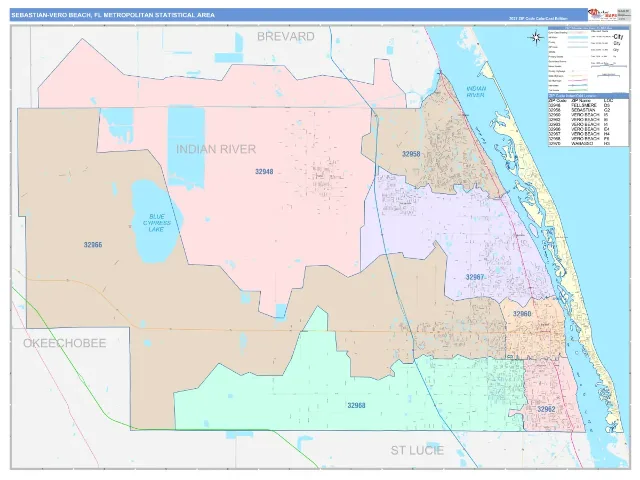 Sebastian-Vero Beach Metro Area ZIP Code Wall Map, ColorCast style