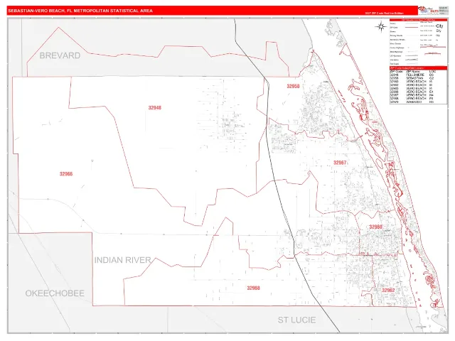 Sebastian-Vero Beach Metro Area ZIP Code Wall Map, RedLine style