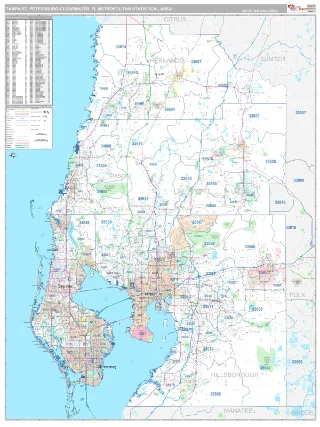 Tampa-St. Petersburg-Clearwater Metro Area Classic style ZIP Code wall map