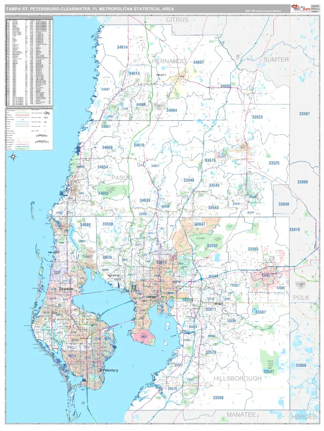 Tampa-St. Petersburg-Clearwater Metro Area ZIP Code Wall Map, Classic style