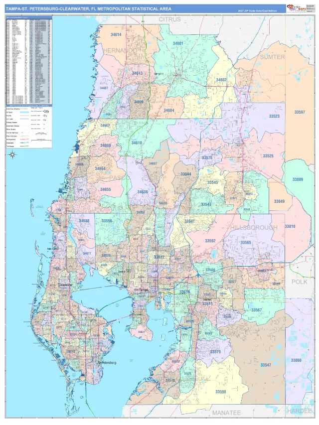 Tampa-St. Petersburg-Clearwater Metro Area ZIP Code Wall Map, ColorCast style