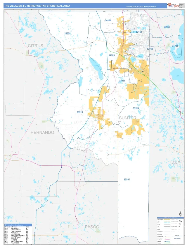 The Villages Metro Area ZIP Code Wall Map, Business Reference style