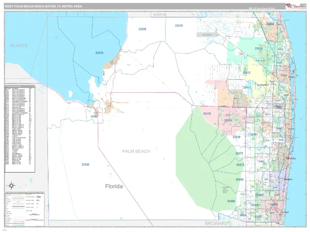 West Palm Beach-Boca Raton Metro Area ZIP Code Wall Map, Classic style